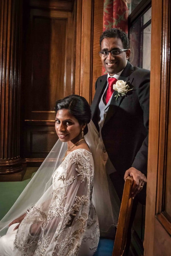 Wedding couple photoshoot for a stylish Sri Lankan bride and groom in historic luxury room at One Great George Street, Westminster, Central London