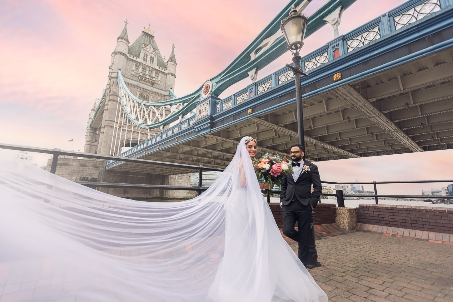 Indian Bride and Groom Wedding Day at Tower Bridge, central London, UK