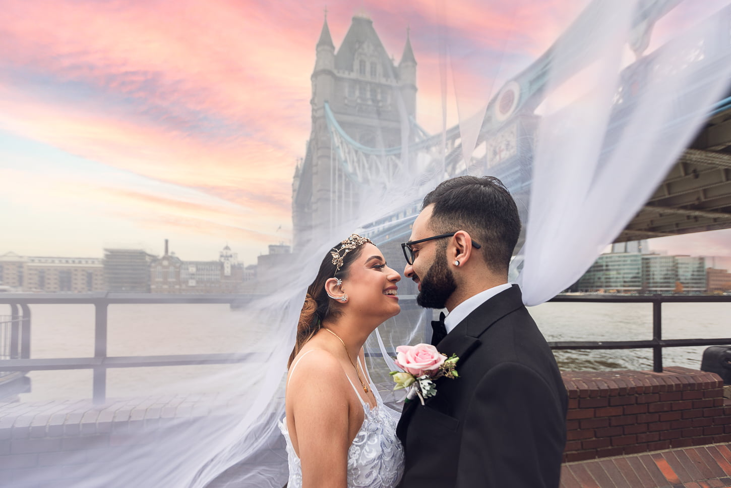 Indian Bride and Groom Wedding Day at Tower Bridge, central London, UK