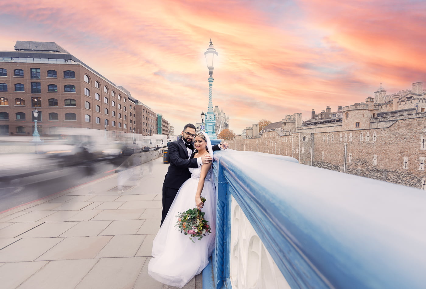 Indian Bride and Groom Wedding Day at Tower Bridge, central London, UK