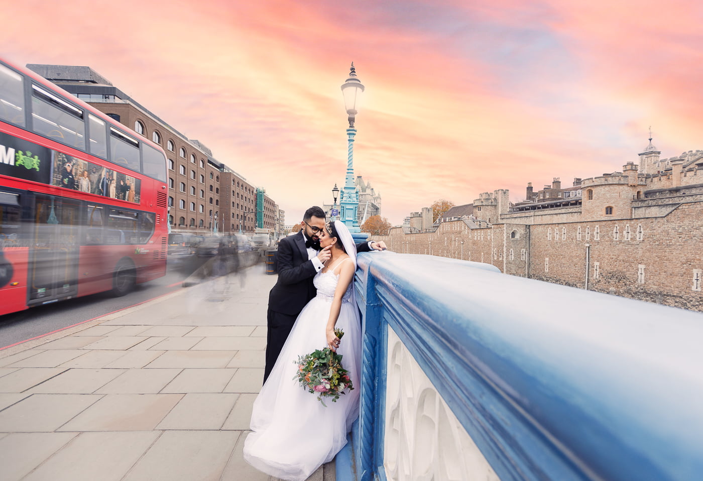 Indian Bride and Groom Wedding Day at Tower Bridge, central London, UK